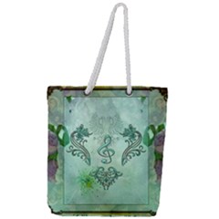 Music, Decorative Clef With Floral Elements Full Print Rope Handle Tote (large) by FantasyWorld7