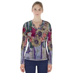 Sunflowers And Lamp V-neck Long Sleeve Top by bestdesignintheworld