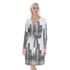 Architecture City Skyscraper Long Sleeve Velvet Front Wrap Dress by Simbadda