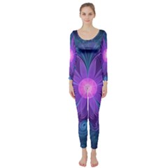 Blown Glass Flower Of An Electricblue Fractal Iris Long Sleeve Catsuit by jayaprime