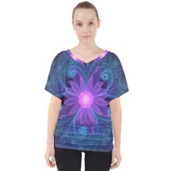 Blown Glass Flower Of An Electricblue Fractal Iris V-neck Dolman Drape Top by jayaprime