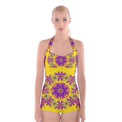 Fantasy Flower Wreath With Jungle Florals Boyleg Halter Swimsuit  by pepitasart