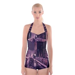 Texture Abstract Background City Boyleg Halter Swimsuit  by Sapixe