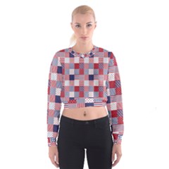 Usa Americana Patchwork Red White & Blue Quilt Cropped Sweatshirt by PodArtist