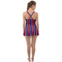 Large Red White and Blue USA Memorial Day Holiday Vertical Cabana Stripes Ruffle Top Dress Swimsuit View2