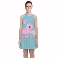 Long Distance Lover - Cute Unicorn Velvet Halter Neckline Dress  by Valentinaart