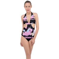 Long Distance Lover - Cute Unicorn Halter Front Plunge Swimsuit by Valentinaart