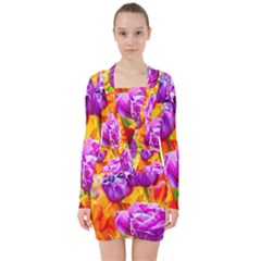 Tulip Flowers V-neck Bodycon Long Sleeve Dress by FunnyCow