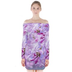 Pink Lilac Flowers Long Sleeve Off Shoulder Dress by FunnyCow