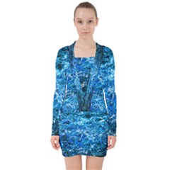 Water Color Blue V-neck Bodycon Long Sleeve Dress by FunnyCow