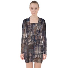 Architecture City Home Window V-neck Bodycon Long Sleeve Dress by Nexatart