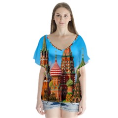 Moscow Kremlin And St  Basil Cathedral V-neck Flutter Sleeve Top by FunnyCow