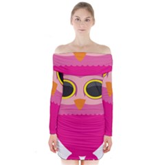 Sowa Owls Bird Wild Birds Pen Long Sleeve Off Shoulder Dress by Sapixe