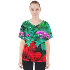 Bleeding Heart Flowers V-neck Dolman Drape Top by FunnyCow
