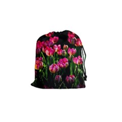 Pink Tulips Dark Background Drawstring Pouches (small)  by FunnyCow