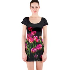 Pink Tulips Dark Background Short Sleeve Bodycon Dress by FunnyCow