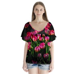 Pink Tulips Dark Background V-neck Flutter Sleeve Top by FunnyCow