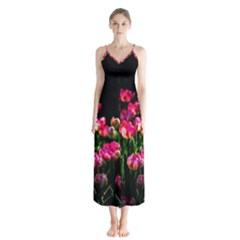 Pink Tulips Dark Background Button Up Chiffon Maxi Dress by FunnyCow