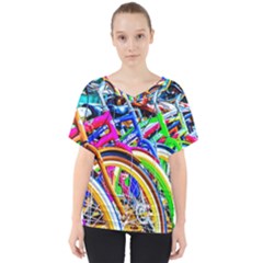 Colorful Bicycles In A Row V-neck Dolman Drape Top by FunnyCow