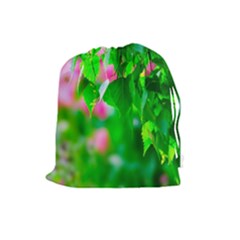 Green Birch Leaves, Pink Flowers Drawstring Pouches (large)  by FunnyCow