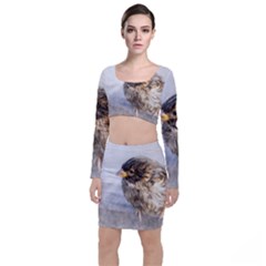 Funny Wet Sparrow Bird Long Sleeve Crop Top & Bodycon Skirt Set by FunnyCow