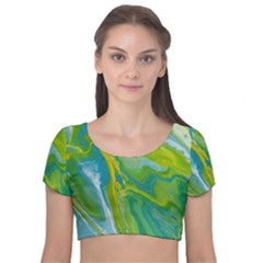 Sunlit River Velvet Short Sleeve Crop Top  by lwdstudio