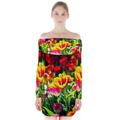 Colorful Tulips On A Sunny Day Long Sleeve Off Shoulder Dress by FunnyCow