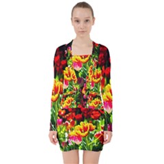 Colorful Tulips On A Sunny Day V-neck Bodycon Long Sleeve Dress by FunnyCow