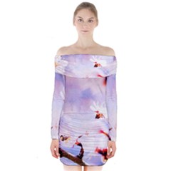 Pink Sakura Purple Background Long Sleeve Off Shoulder Dress by FunnyCow