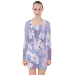Pink Mist Of Sakura V-neck Bodycon Long Sleeve Dress by FunnyCow