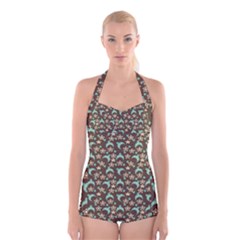 Brown With Blue Hats Boyleg Halter Swimsuit  by snowwhitegirl