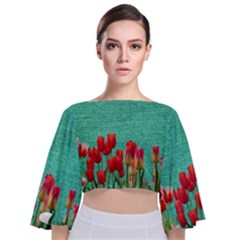 Green Denim Flowers Tie Back Butterfly Sleeve Chiffon Top by snowwhitegirl