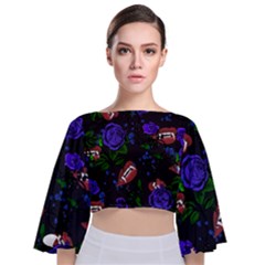 Blue Rose Vampire Tie Back Butterfly Sleeve Chiffon Top by snowwhitegirl
