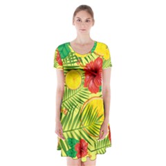 Orange Tropics Yellow Short Sleeve V-neck Flare Dress by snowwhitegirl