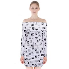 Black Abstract Symbols Long Sleeve Off Shoulder Dress by FunnyCow