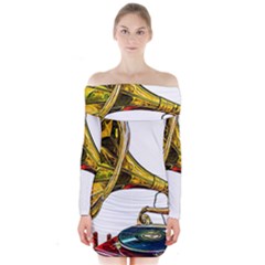 Vintage Gramophone Long Sleeve Off Shoulder Dress by FunnyCow