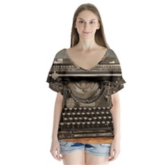 Typewriter V-neck Flutter Sleeve Top by vintage2030