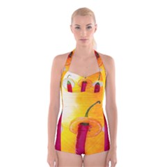 Three Red Chili Peppers Boyleg Halter Swimsuit  by FunnyCow