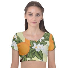 Orange Blossoms Velvet Short Sleeve Crop Top  by lwdstudio