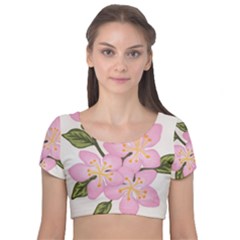 Pink Flowers Velvet Short Sleeve Crop Top  by lwdstudio