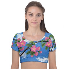 Cherry Blossoms Velvet Short Sleeve Crop Top  by lwdstudio