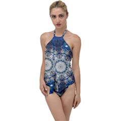 Painted Blue Mandala Flower On Canvas Go With The Flow One Piece Swimsuit by pepitasart