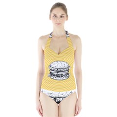 Pop Art Hamburger  Halter Swimsuit by Valentinaart