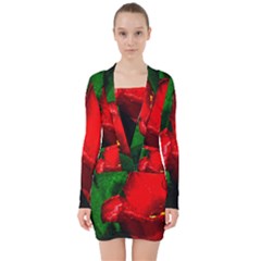 Red Tulip After The Shower V-neck Bodycon Long Sleeve Dress by FunnyCow