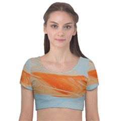 Orange And Blue Velvet Short Sleeve Crop Top  by WILLBIRDWELL