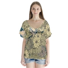 Abstract Art Artistic Botanical V-neck Flutter Sleeve Top by Nexatart