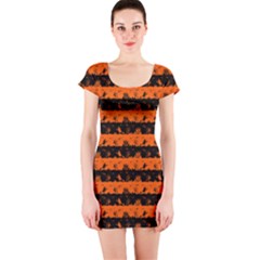 Orange And Black Spooky Halloween Nightmare Stripes Short Sleeve Bodycon Dress by PodArtist