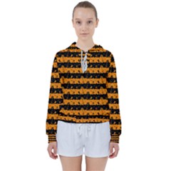 Pale Pumpkin Orange And Black Halloween Nightmare Stripes  Women s Tie Up Sweat by PodArtist