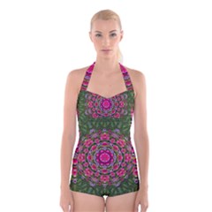 Fantasy Floral Wreath In The Green Summer  Leaves Boyleg Halter Swimsuit  by pepitasart