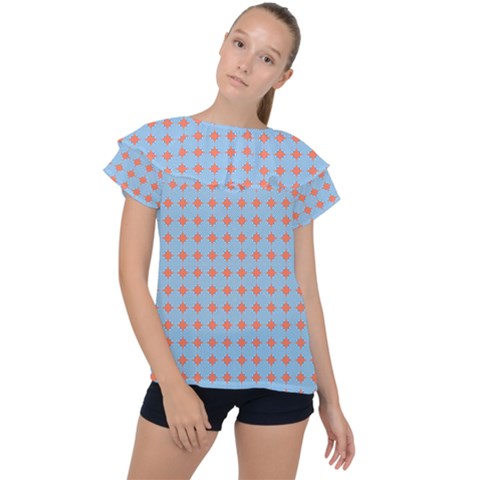 Pastel Mod Blue Orange Circles Ruffle Collar Chiffon Blouse by BrightVibesDesign